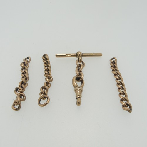 177 - A 9ct gold part Watchchain, in four pieces with a T-Bar and suspension clip, all individually marled... 