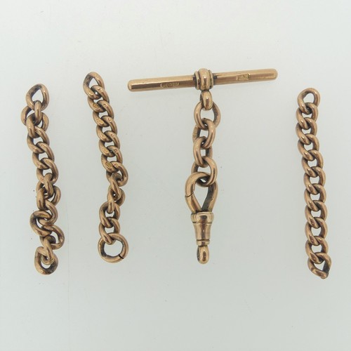 177 - A 9ct gold part Watchchain, in four pieces with a T-Bar and suspension clip, all individually marled... 