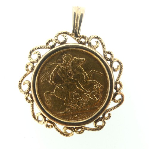 246 - A Victorian gold Sovereign, dated 1890, in a 9ct gold open scrolling pendant mount, total weight 11.... 