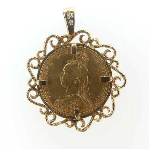 246 - A Victorian gold Sovereign, dated 1890, in a 9ct gold open scrolling pendant mount, total weight 11.... 