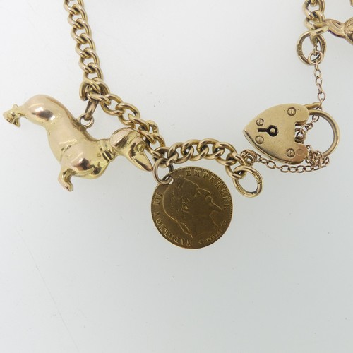 106 - A 9ct yellow gold curb link Bracelet, with 9ct padlock clasp, with a Napoleon III 5 Franc coin suspe... 