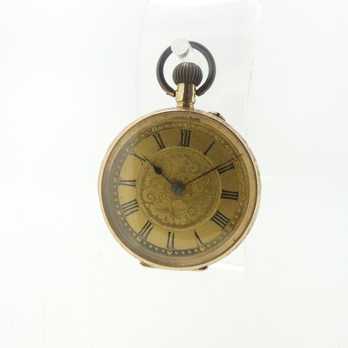 209 - A Continental 14k yellow gold Fob Watch, with scrolling foliate decoration, gilt dial with Roman Num... 