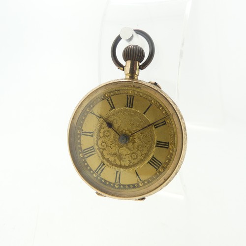 209 - A Continental 14k yellow gold Fob Watch, with scrolling foliate decoration, gilt dial with Roman Num... 