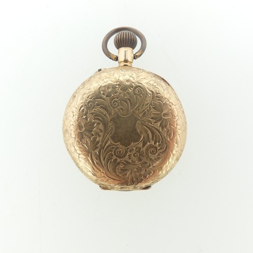 209 - A Continental 14k yellow gold Fob Watch, with scrolling foliate decoration, gilt dial with Roman Num... 