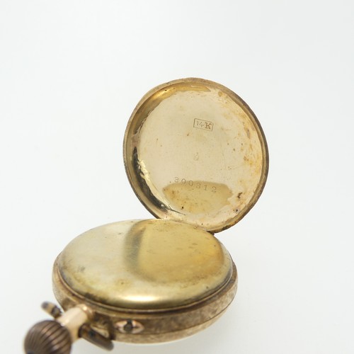 209 - A Continental 14k yellow gold Fob Watch, with scrolling foliate decoration, gilt dial with Roman Num... 