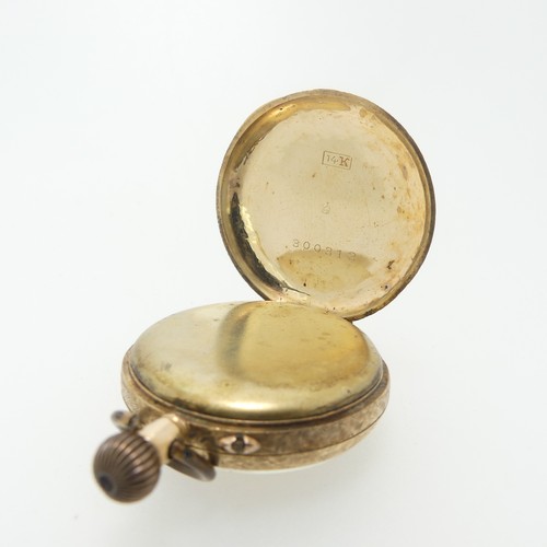 209 - A Continental 14k yellow gold Fob Watch, with scrolling foliate decoration, gilt dial with Roman Num... 