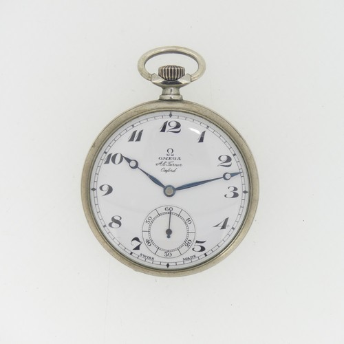 200 - An Omega chrome open face keyless Pocket Watch, retailed by A. E. Turner, Oxford, the white enamel d... 