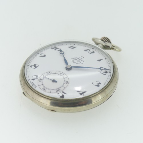 200 - An Omega chrome open face keyless Pocket Watch, retailed by A. E. Turner, Oxford, the white enamel d... 