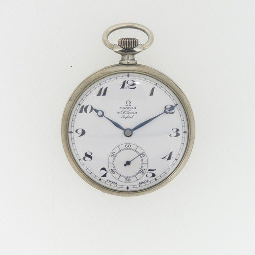 200 - An Omega chrome open face keyless Pocket Watch, retailed by A. E. Turner, Oxford, the white enamel d... 