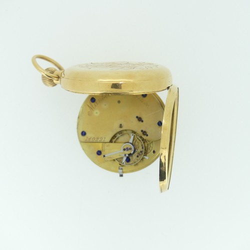 191 - An 18ct gold open face keyless Pocket Watch, the white enamel dial with black Roman numerals and sub... 