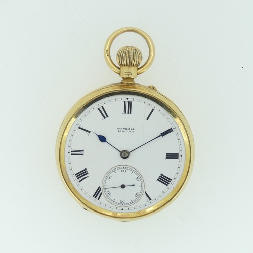 191 - An 18ct gold open face keyless Pocket Watch, the white enamel dial with black Roman numerals and sub... 