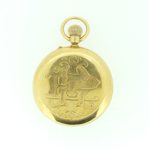 191 - An 18ct gold open face keyless Pocket Watch, the white enamel dial with black Roman numerals and sub... 