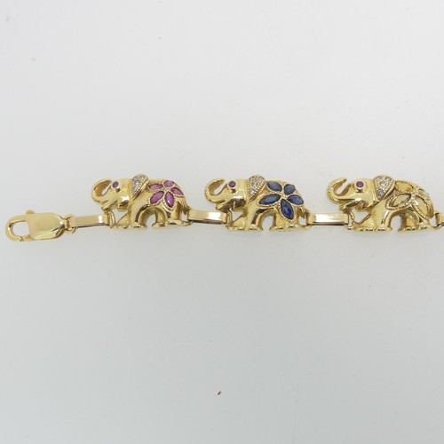 89 - A charming 14ct yellow gold, multigem set Elephant Bracelet, comprising six elephant links each set ... 