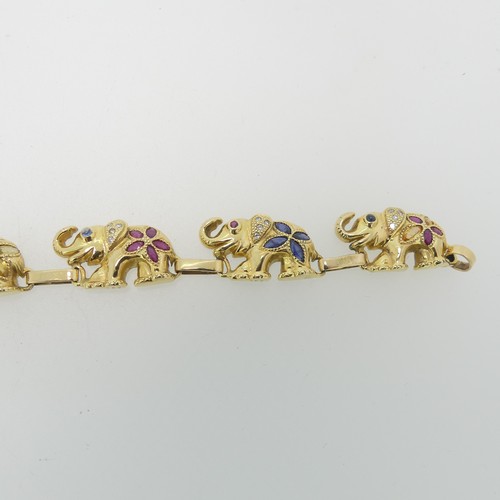 89 - A charming 14ct yellow gold, multigem set Elephant Bracelet, comprising six elephant links each set ... 