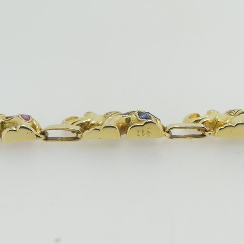 89 - A charming 14ct yellow gold, multigem set Elephant Bracelet, comprising six elephant links each set ... 