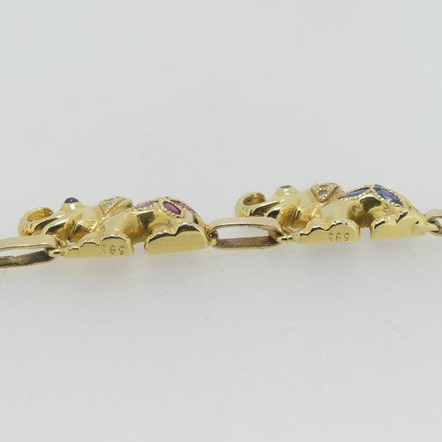 89 - A charming 14ct yellow gold, multigem set Elephant Bracelet, comprising six elephant links each set ... 