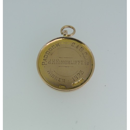 232 - A 9ct gold prize Fob Medallion, the front enamelled 'Sykes Charity Cup', the reverse with presentati... 