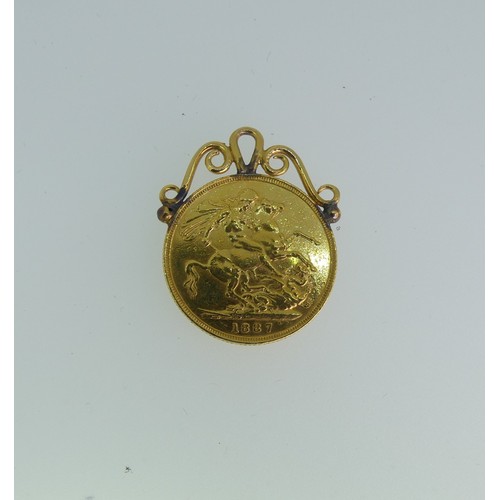 251 - A Victorian gold Sovereign, dated 1887, with soldered pendant mount.