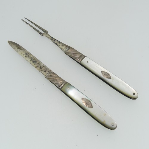 359 - An early 19thC silver folding Fruit Fork, with mother of pearl handle and bright cut decoration, ini... 