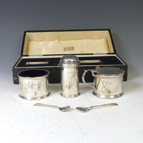 354 - A cased George V silver three piece Cruet Set, by Harrods Ltd., hallmarked London, 1934, of circular... 