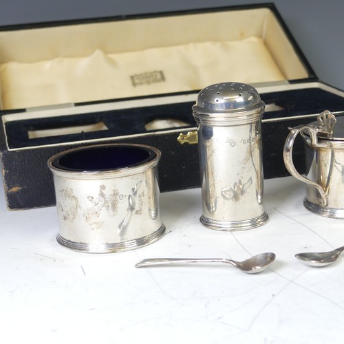 354 - A cased George V silver three piece Cruet Set, by Harrods Ltd., hallmarked London, 1934, of circular... 