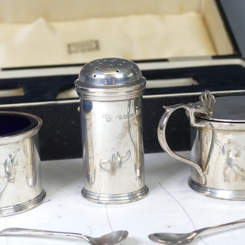 354 - A cased George V silver three piece Cruet Set, by Harrods Ltd., hallmarked London, 1934, of circular... 