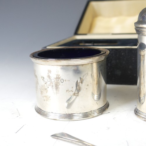 354 - A cased George V silver three piece Cruet Set, by Harrods Ltd., hallmarked London, 1934, of circular... 