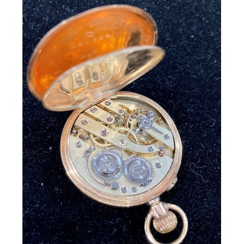 193 - A 9ct gold Fob Watch, with damaged white enamel dial and Roman Numerals, manual wind, the rear cover... 