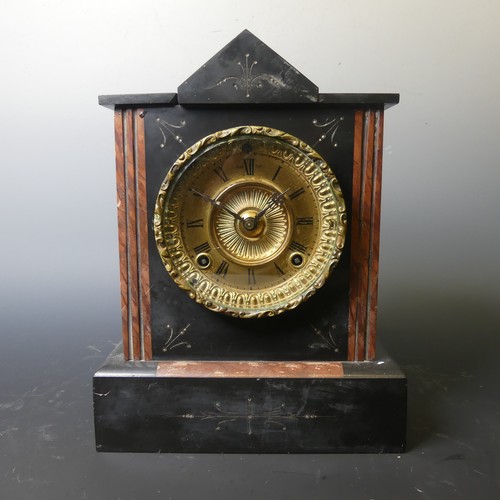 223 - A Victorian slate and marble mantle clock, with small decorative engravings, W 23.5 cm x H 31 cm x D... 