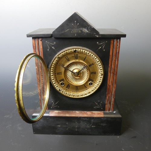 223 - A Victorian slate and marble mantle clock, with small decorative engravings, W 23.5 cm x H 31 cm x D... 