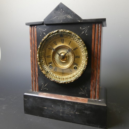 223 - A Victorian slate and marble mantle clock, with small decorative engravings, W 23.5 cm x H 31 cm x D... 