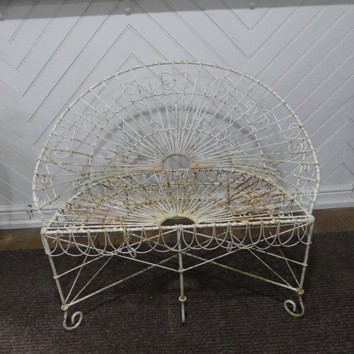 390 - A 'Horizon' inspired semi-circular wrought iron Garden Seat with white paint finish, with metal wire... 