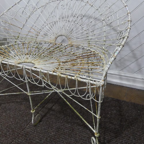 390 - A 'Horizon' inspired semi-circular wrought iron Garden Seat with white paint finish, with metal wire... 