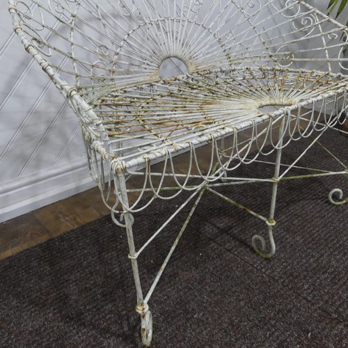 390 - A 'Horizon' inspired semi-circular wrought iron Garden Seat with white paint finish, with metal wire... 