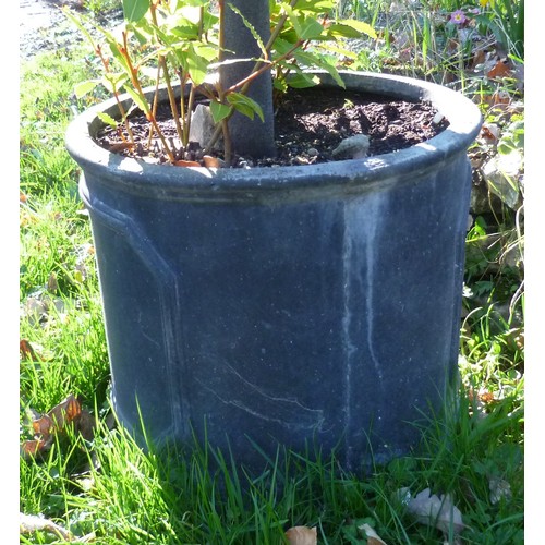 392 - A pair of Bay Trees planted into black lead effect fibreglass cylinder pots, note bottom of one of t... 