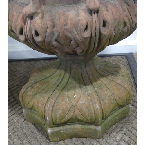 397 - A pair of gothic style terracotta Urns currently planted with Yuccas, W 42 cm x H 50 cm x D 42 cm(2)... 