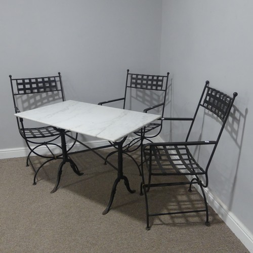 402 - A Garden Suite including a set of three metal Garden Chairs with a black paint finish together with ... 