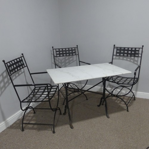 402 - A Garden Suite including a set of three metal Garden Chairs with a black paint finish together with ... 