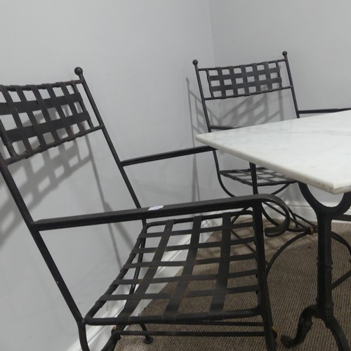 402 - A Garden Suite including a set of three metal Garden Chairs with a black paint finish together with ... 