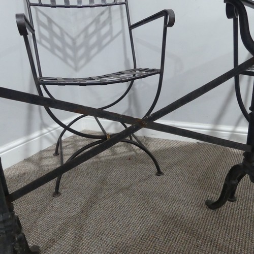 402 - A Garden Suite including a set of three metal Garden Chairs with a black paint finish together with ... 