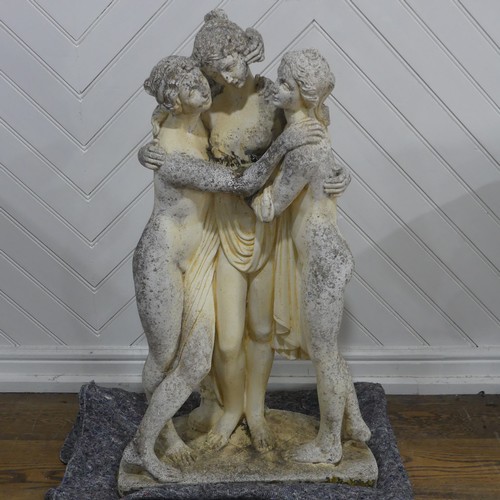 405 - Weathered Garden Statuary of three graces, classical semi-nude, H 103cm.