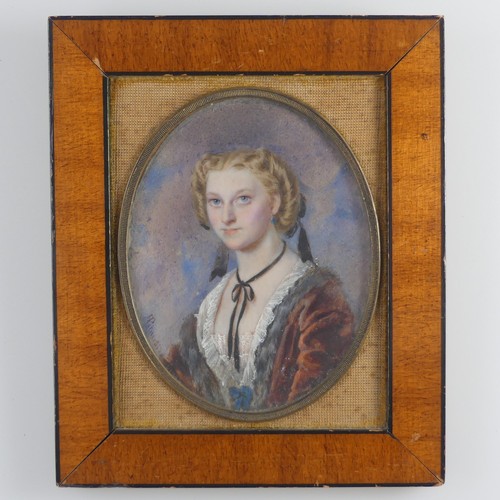 151 - Franz Pitner (Austrian, 1826-1892), Portrait Miniature of a Lady wearing red fur-lined dress over wh... 