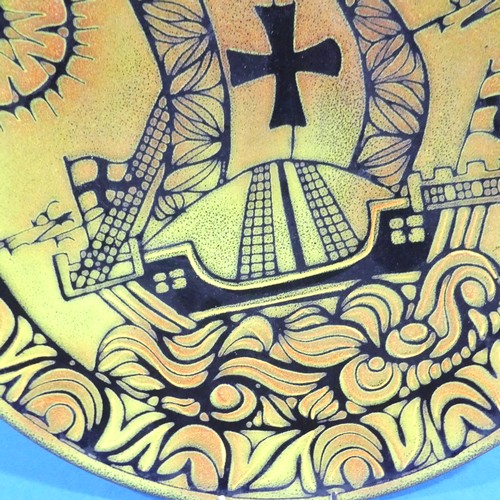 67 - A Poole pottery aegean Charger, in Danish decorated with a viking ship, Diameter 41 cm x Height 6 cm... 