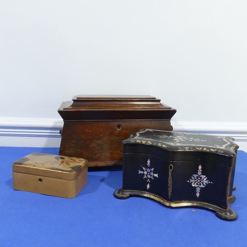 388 - A Victorian black lacquer papier mache Tea Caddy, inlaid with mother of pearl, W 26.5 cm x H 14 cm x... 