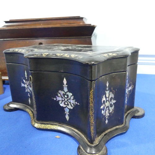 388 - A Victorian black lacquer papier mache Tea Caddy, inlaid with mother of pearl, W 26.5 cm x H 14 cm x... 