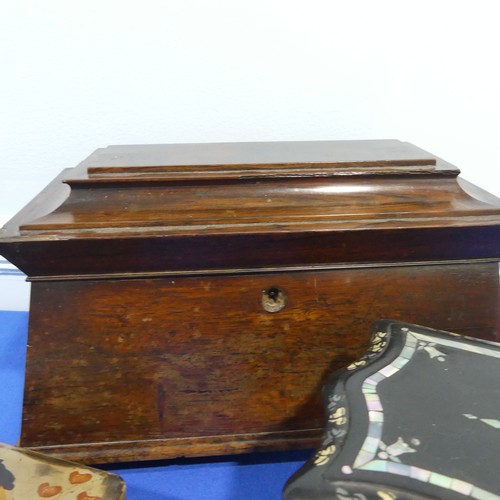 388 - A Victorian black lacquer papier mache Tea Caddy, inlaid with mother of pearl, W 26.5 cm x H 14 cm x... 