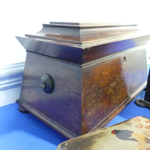 388 - A Victorian black lacquer papier mache Tea Caddy, inlaid with mother of pearl, W 26.5 cm x H 14 cm x... 