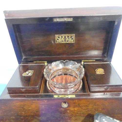 388 - A Victorian black lacquer papier mache Tea Caddy, inlaid with mother of pearl, W 26.5 cm x H 14 cm x... 