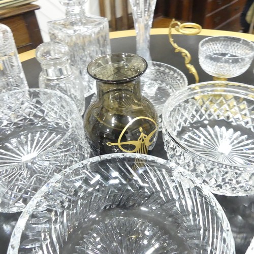 72 - A quantity of shaped and cut clear Glass, including fluted vases, bowls, decanters etc, approx twent... 