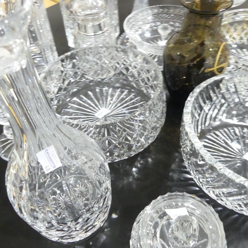 72 - A quantity of shaped and cut clear Glass, including fluted vases, bowls, decanters etc, approx twent... 